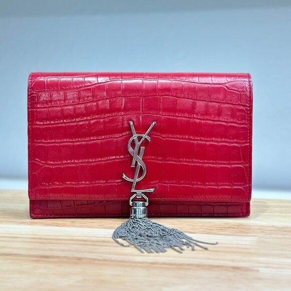 Yves Saint Laurent Handbags - Yves Saint Laurent Red Crocodile Leather Kate Chain Shoulder Bag Crossbody